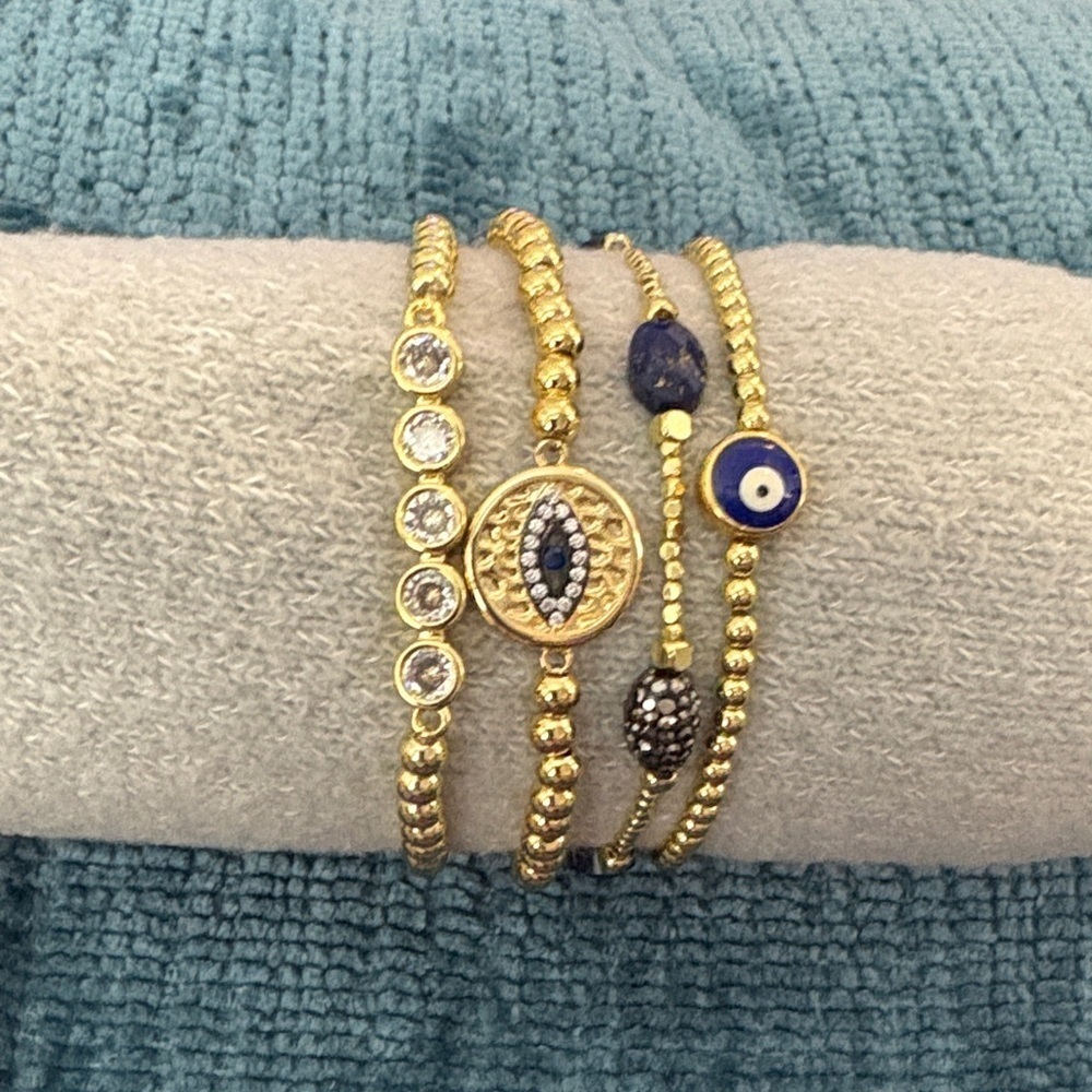 Gold and Blue Beaded Stretch Bracelet Set With Evil Eye Design - Picture 1 of 1